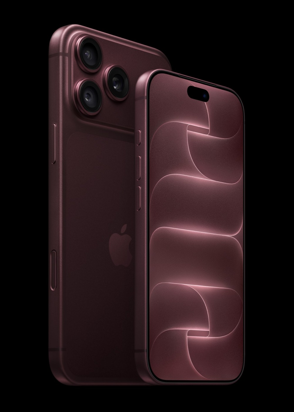 The front of a burgundy iPhone 18 Pro is displayed next to a rear-facing burgundy iPhone 18 Pro Max. · Apple