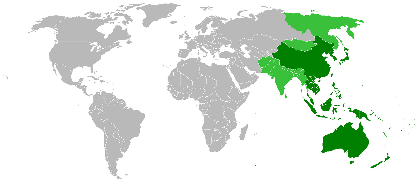 Map showing countries within the Asia-Pacific region. The definition of the region is fairly ambiguous.