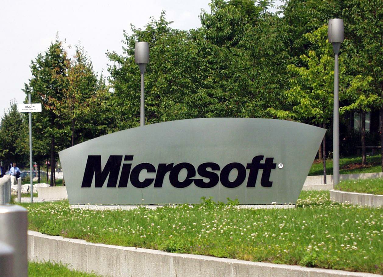 The Microsoft sign at the entrance of the German Microsoft campus, Konrad-Zuse-Str. 1, Unterschleißheim, Germany